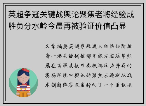 英超争冠关键战舆论聚焦老将经验成胜负分水岭今晨再被验证价值凸显