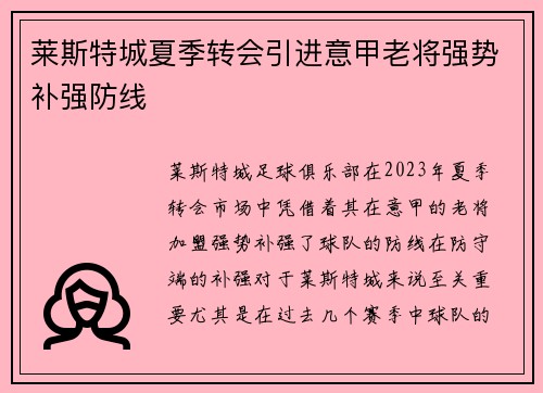 莱斯特城夏季转会引进意甲老将强势补强防线